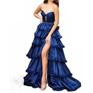 NEW AVA PRESLEY tiered ruffle strapless evening gown in navy